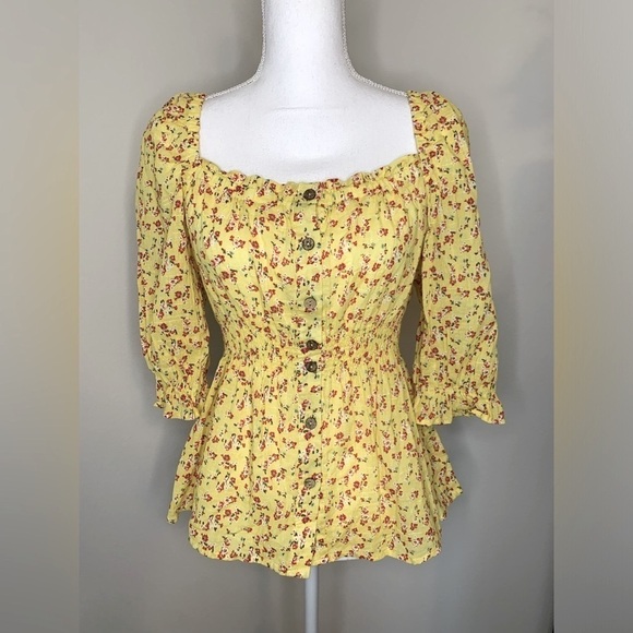 Life Floral Yellow Top Blouse Boho Smocked Button Down Women Medium 100% Cotton - Picture 1 of 6